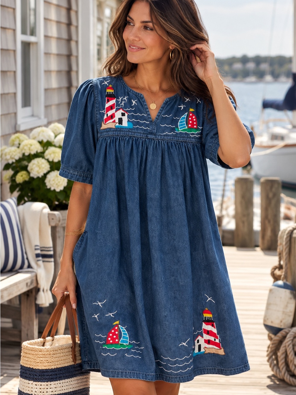 Vintage Gunit Fashions New York Embroidered Denim Dress Size Large | 100% Cotton